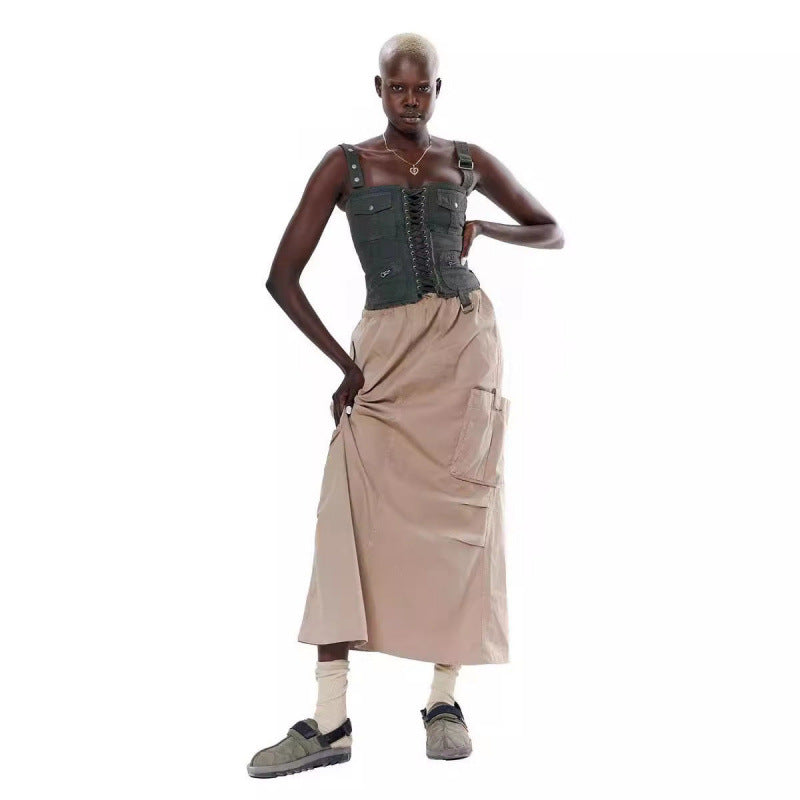 Dame Cropped Langærmet Top med Snortræk-detaljer og Cargo-Maxiskørt Stilla