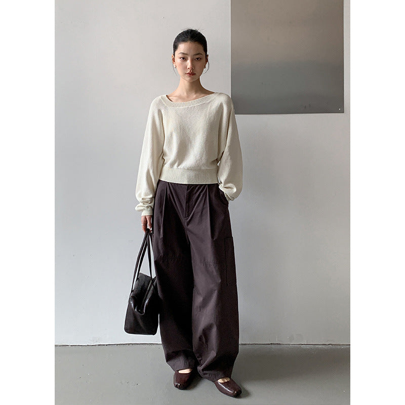 Dame cropped striktrøje med bred rund halsudskæring og balloning ærmer Stilla