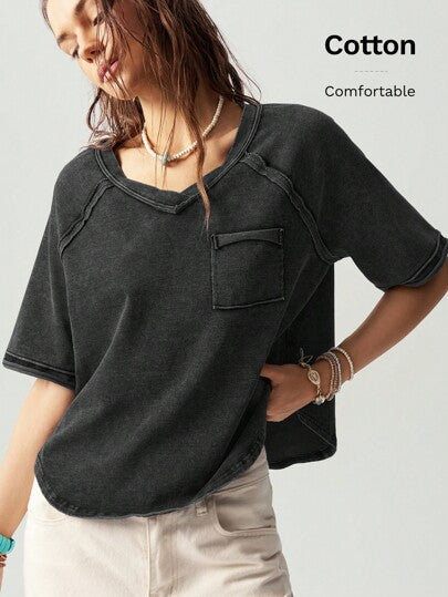 Dame afslappet oversized V-hals T-shirt med brystlomme Stilla