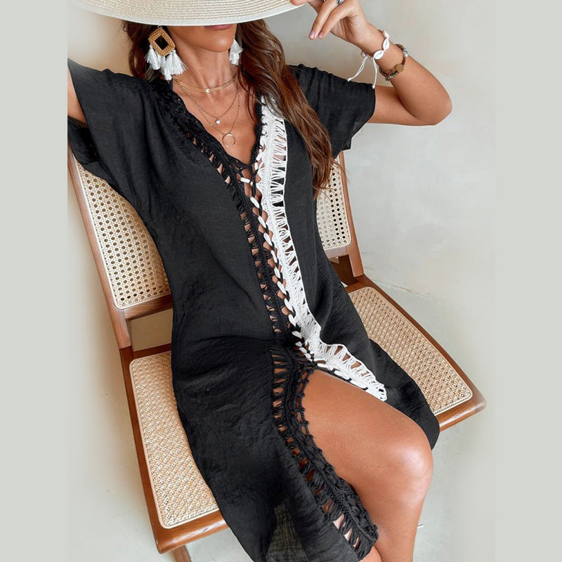 Dame Elegant Hæklede-Flag-Fringes Overdel Kjole Stilla