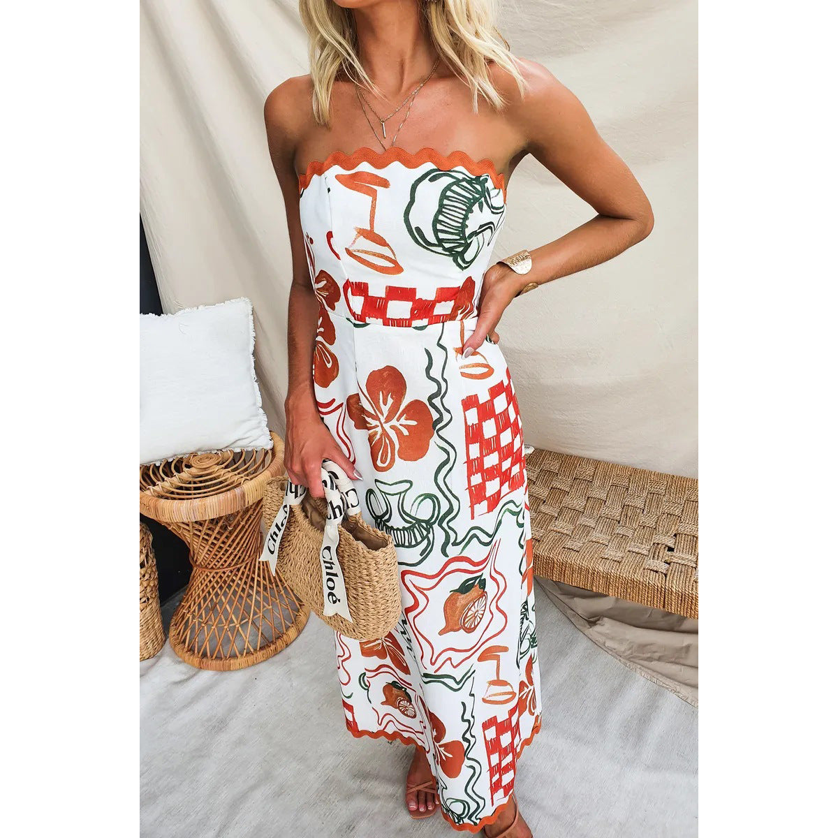 Dame Løs Jumpsuit med unikt blomstermønster og flæseoverdel Stiila