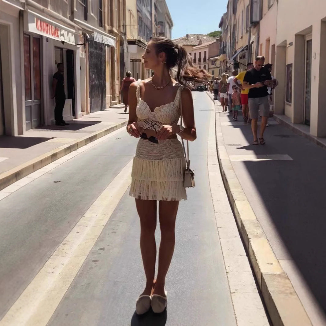 Dame Elegant Hæklet Top med Frynser og Moderigtig Skirt Stilla