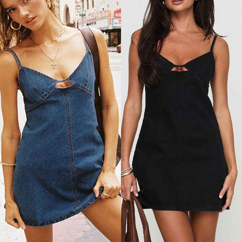 Dame Denim Miniskjorte med enkelt design og justerbare stropper Stilla