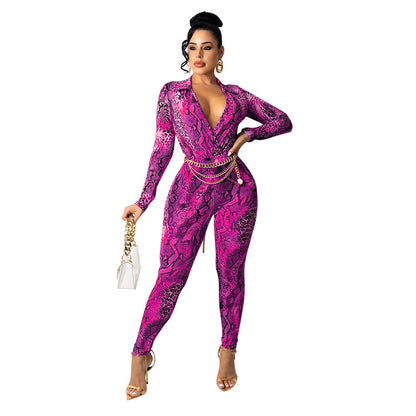 Dame Slangeprint Langærmet Bodysuit Jumpsuit Stilla