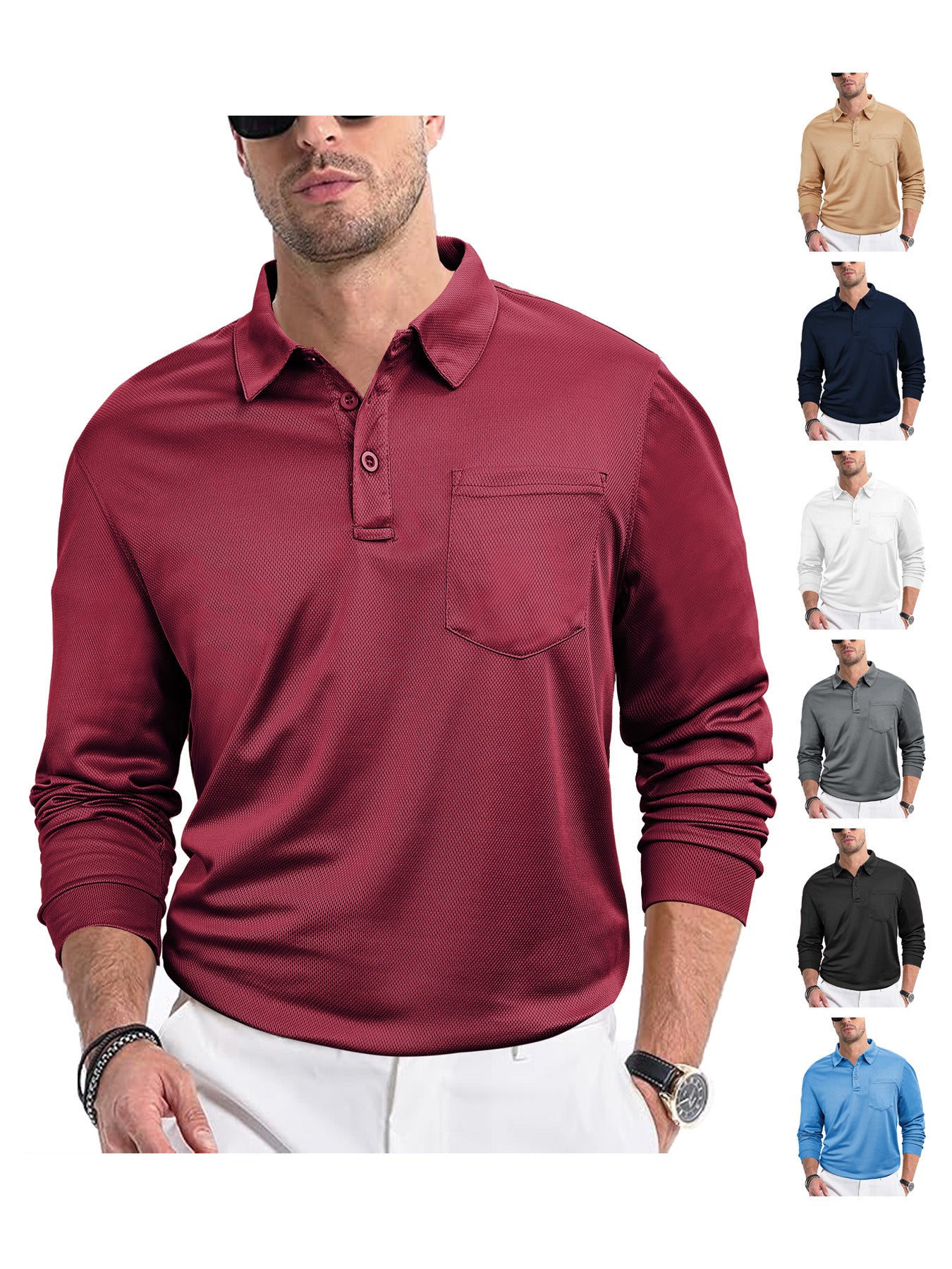 Herrer langærmet poloshirt med struktureret stof og praktisk brystlomme Stilla