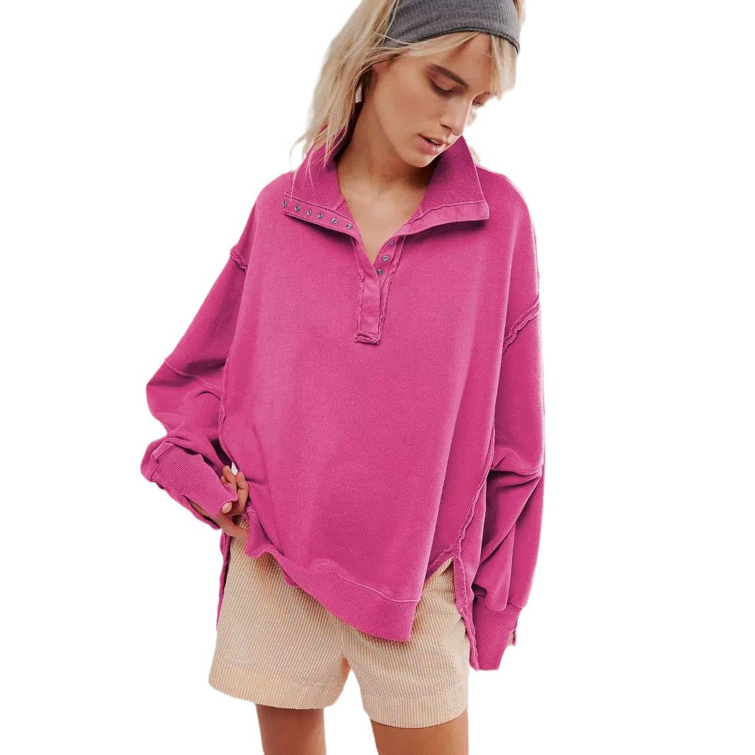 Dame afslappet oversized pullover med knaplukning og ufuldendte sømme Stilla