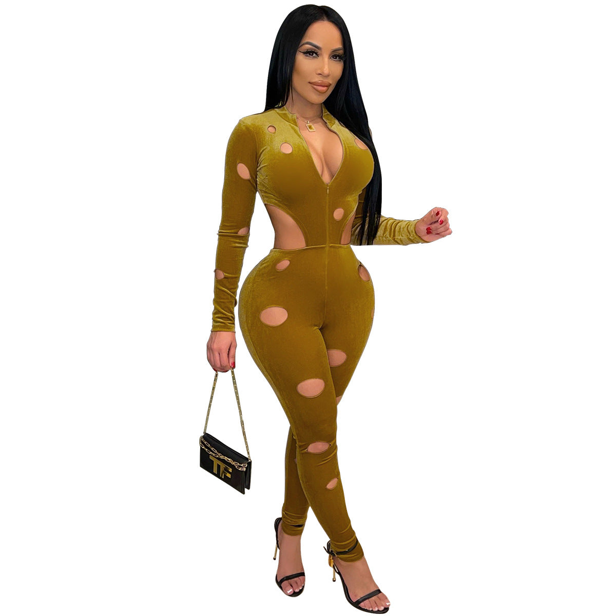 Dame figursyet Cut-Out-Jumpsuit med lange ærmer og lynlås Stilla