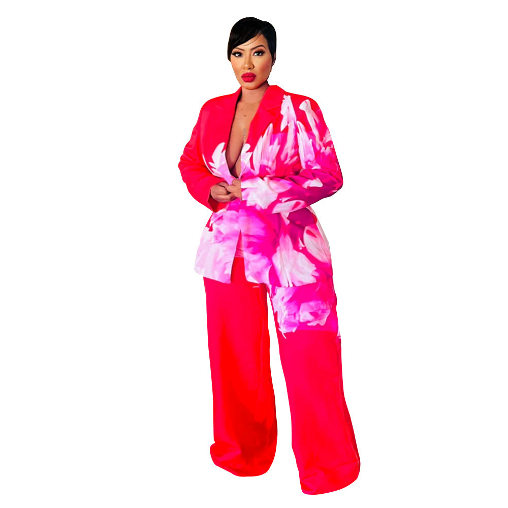 Dame elegant blazer sæt med blomsterdesign og bred buks Stilla