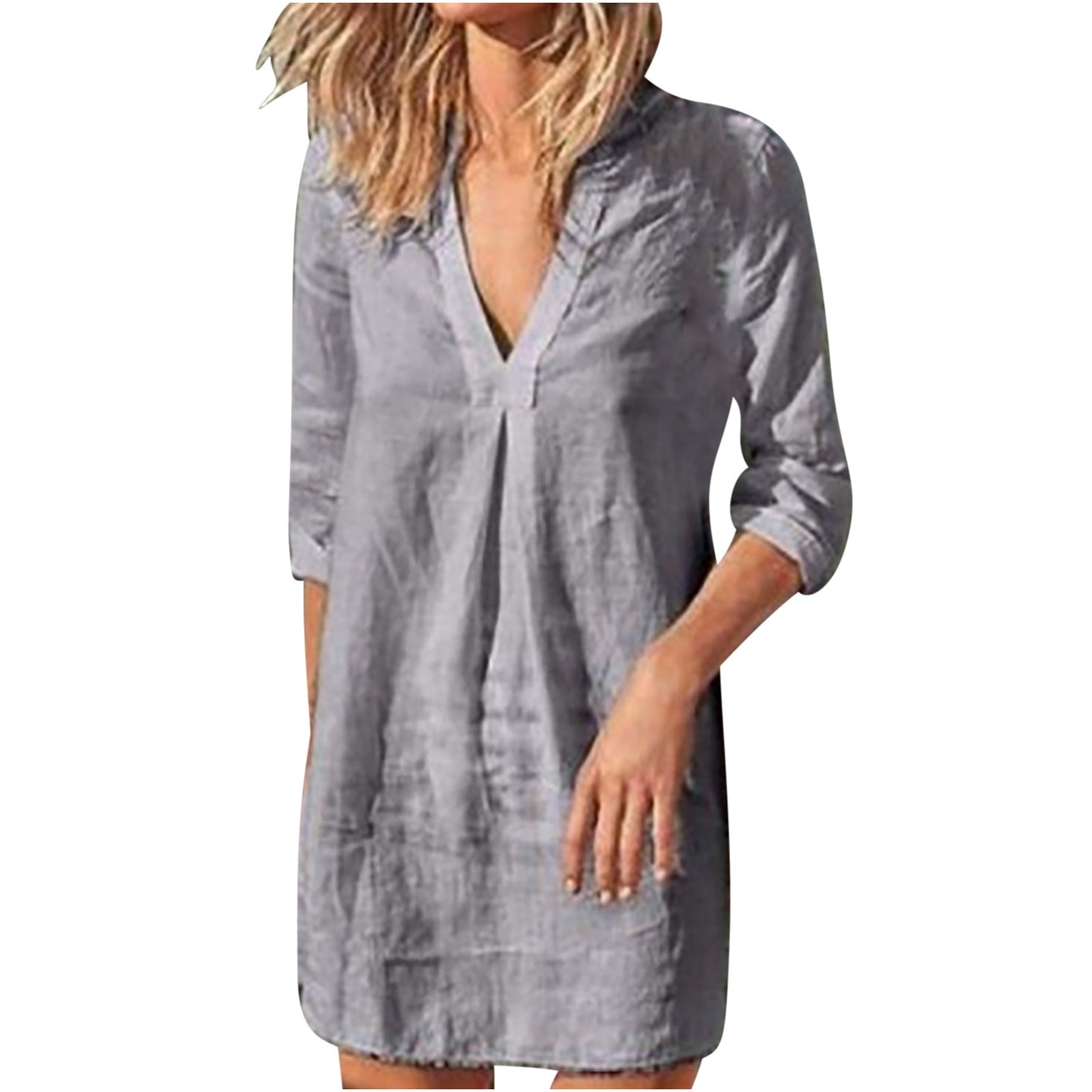 Dame afslappet skjortekjole i hør med V-udskæring og lange ærmer Stilla