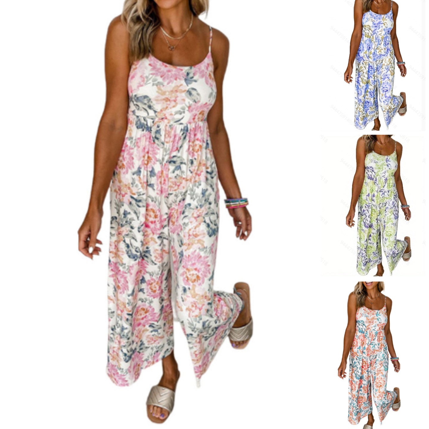 Dame Floral Jumpsuit med brede stropper og elastisk taljebånd Stilla