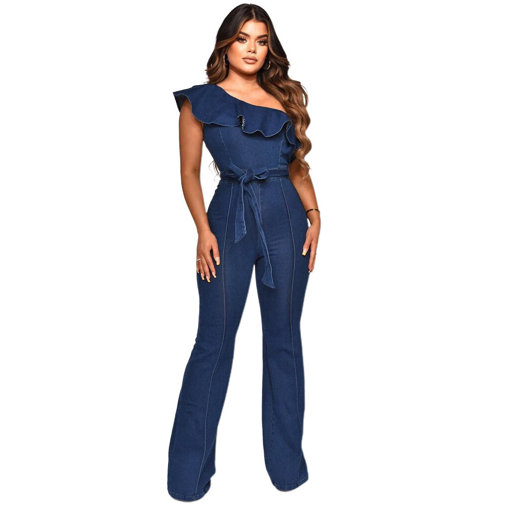 Dame elegant jumpsuit med smart flæsebesætning og bindebælte Stilla