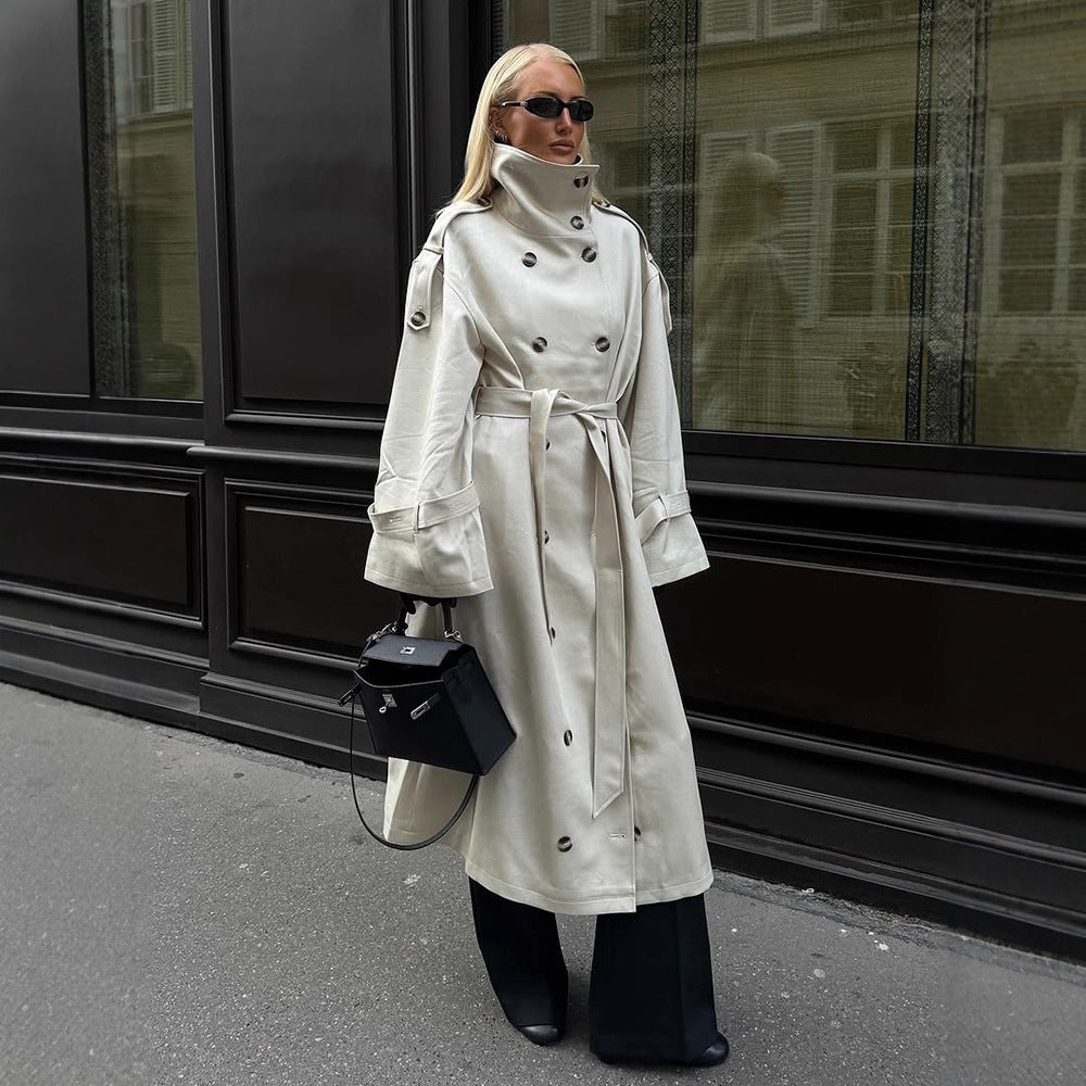 Dame elegant frakke med høj krave og taljerbar bælte Stilla