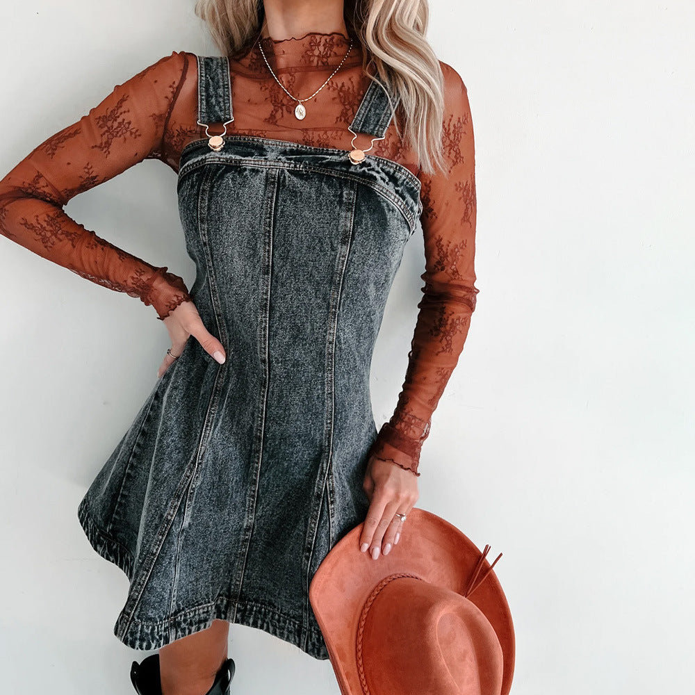 Dame Denim-forhængskjole med justerbare stropper og høj kvalitet forarbejdning Stilla