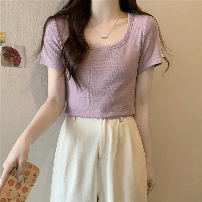 Femme Rib-strik Stretch Korte ærmer top Stilla