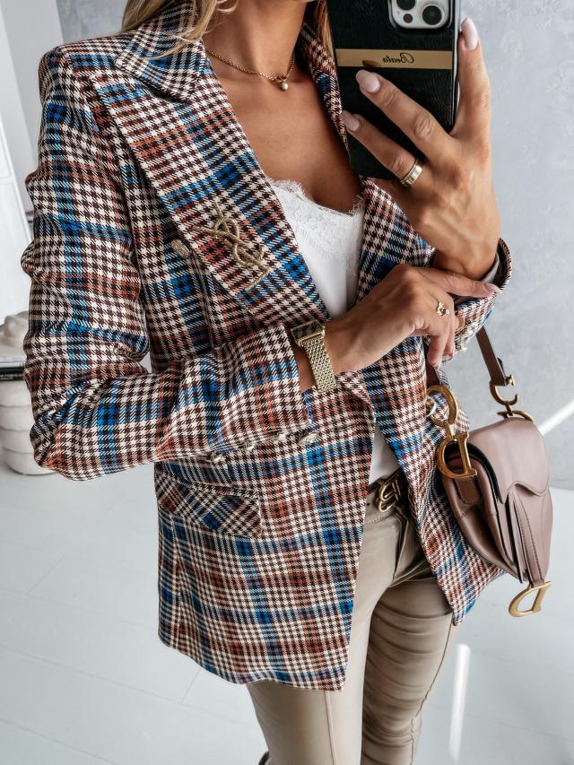 Dame Elegant Blazer med Dobbeltknaplukning og dekorativt Emblem Stilla