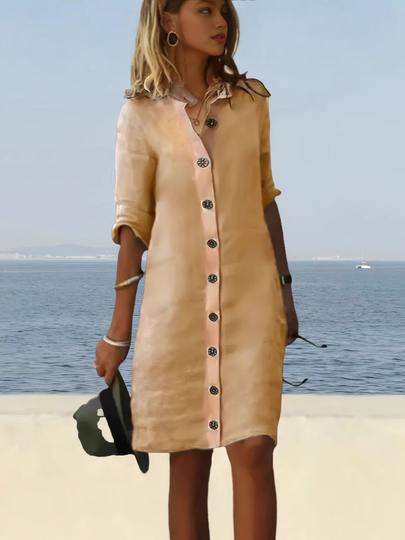 Dame afslappet linnedragt med knaplukning og praktiske lommer Stilla