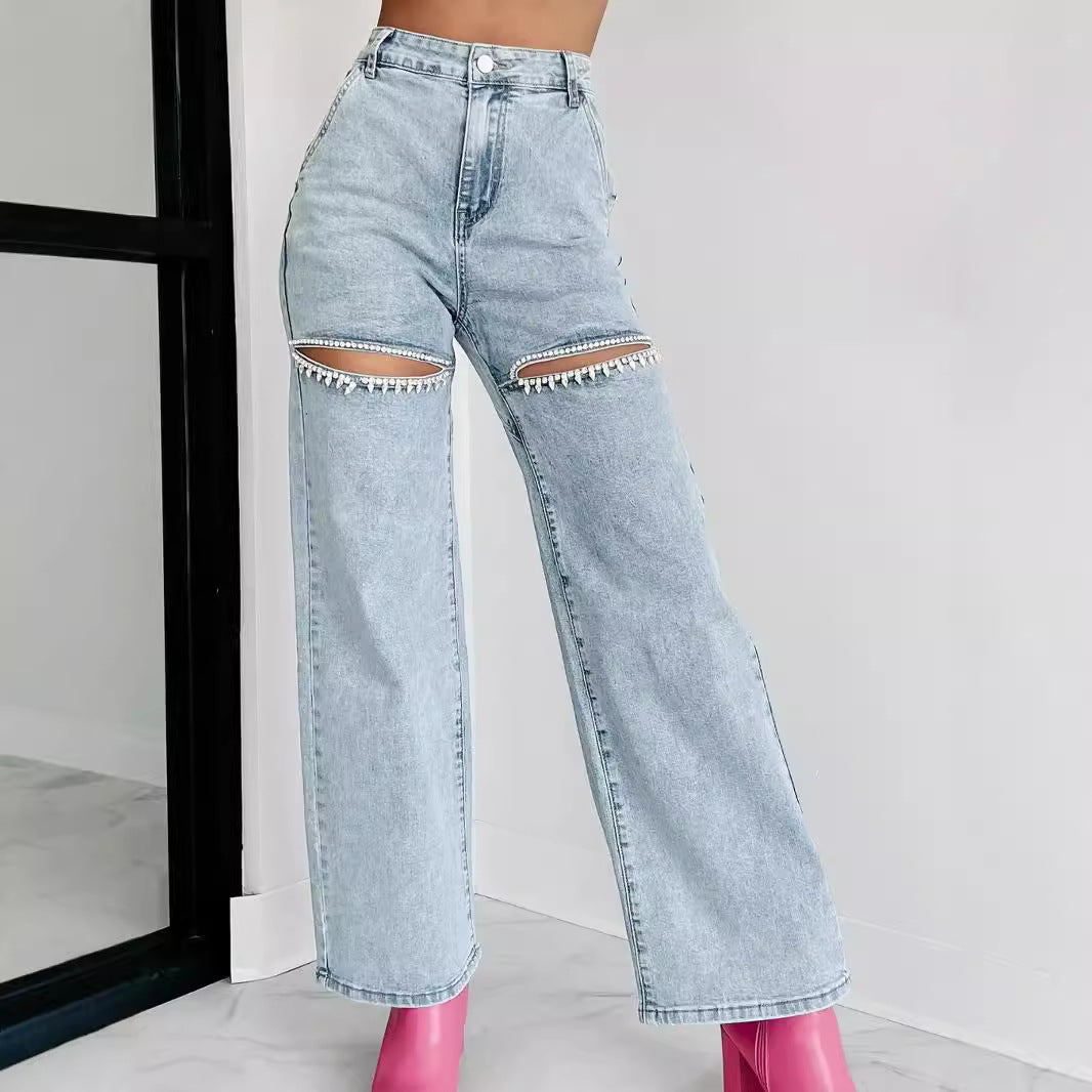 Damejeans i vintage-stil med åbne knæ og glimmerdetaljer Stilla