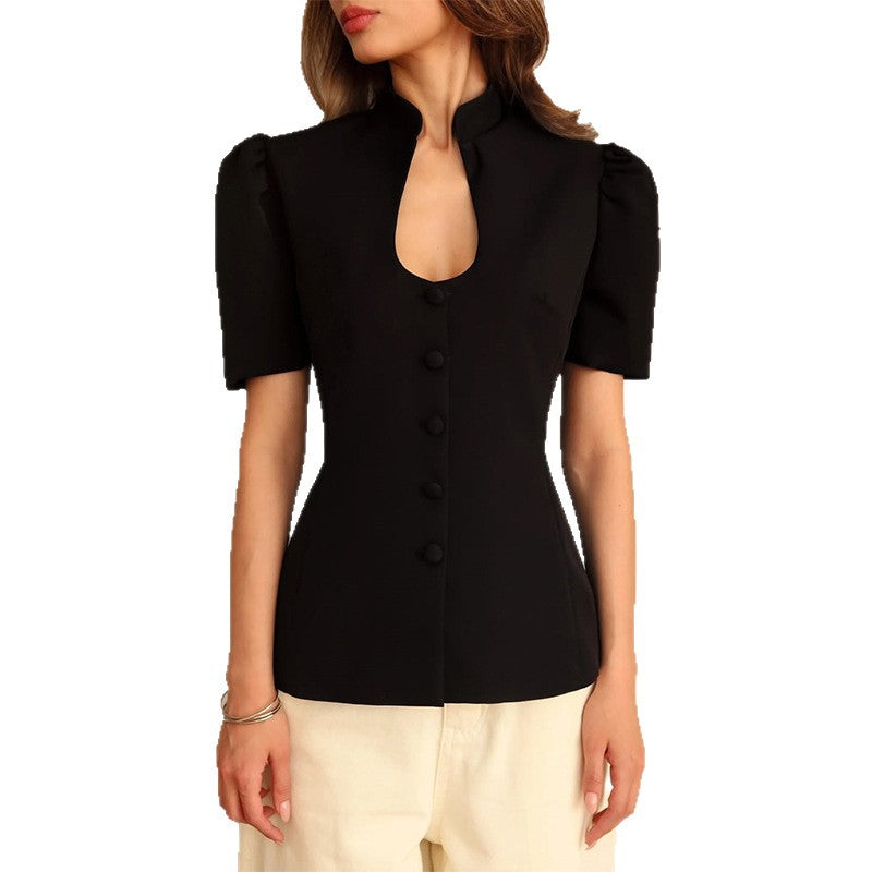 Dame elegant bluse med kort ærme og ståkrave Stilla