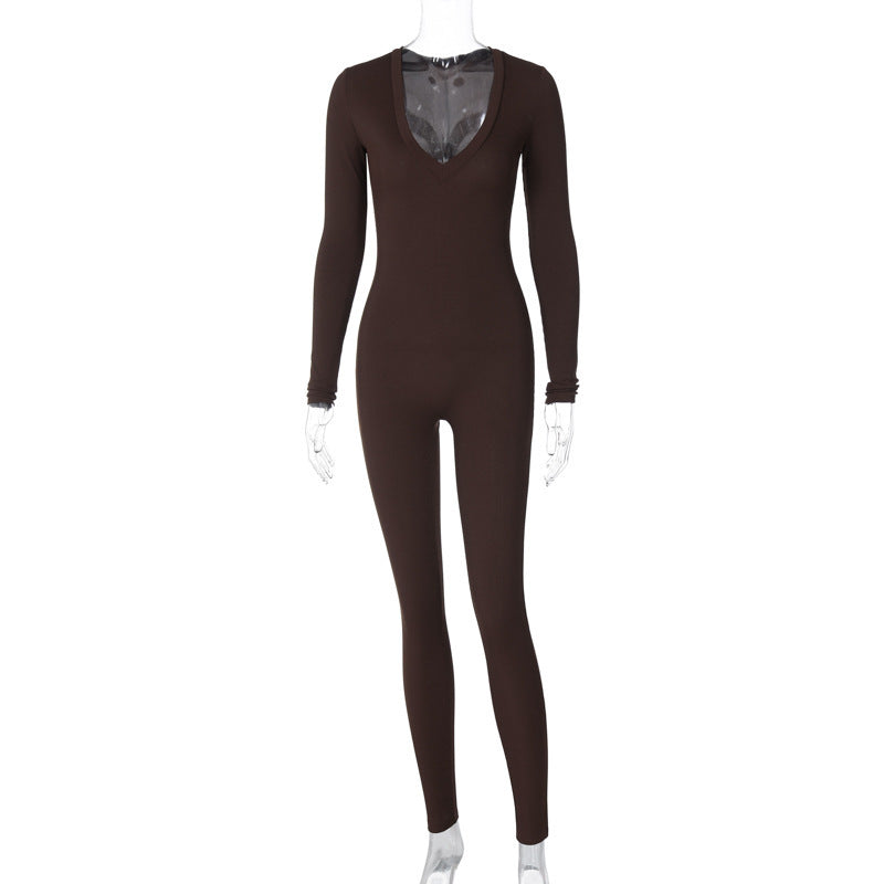 Dame Mode Langærmet Jumpsuit med dyb V-udskæring og tætsiddende snit Stilla