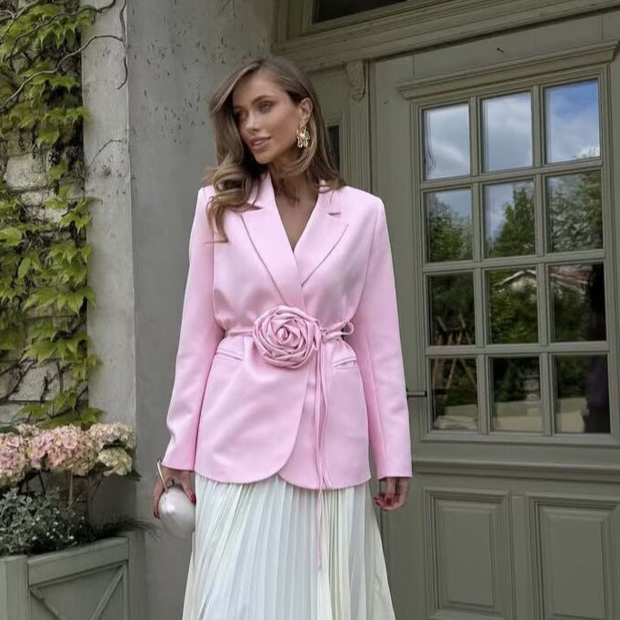 Dame Elegant Blazerjakke med Blomsterapplikation og Taljeret Snit Stilla