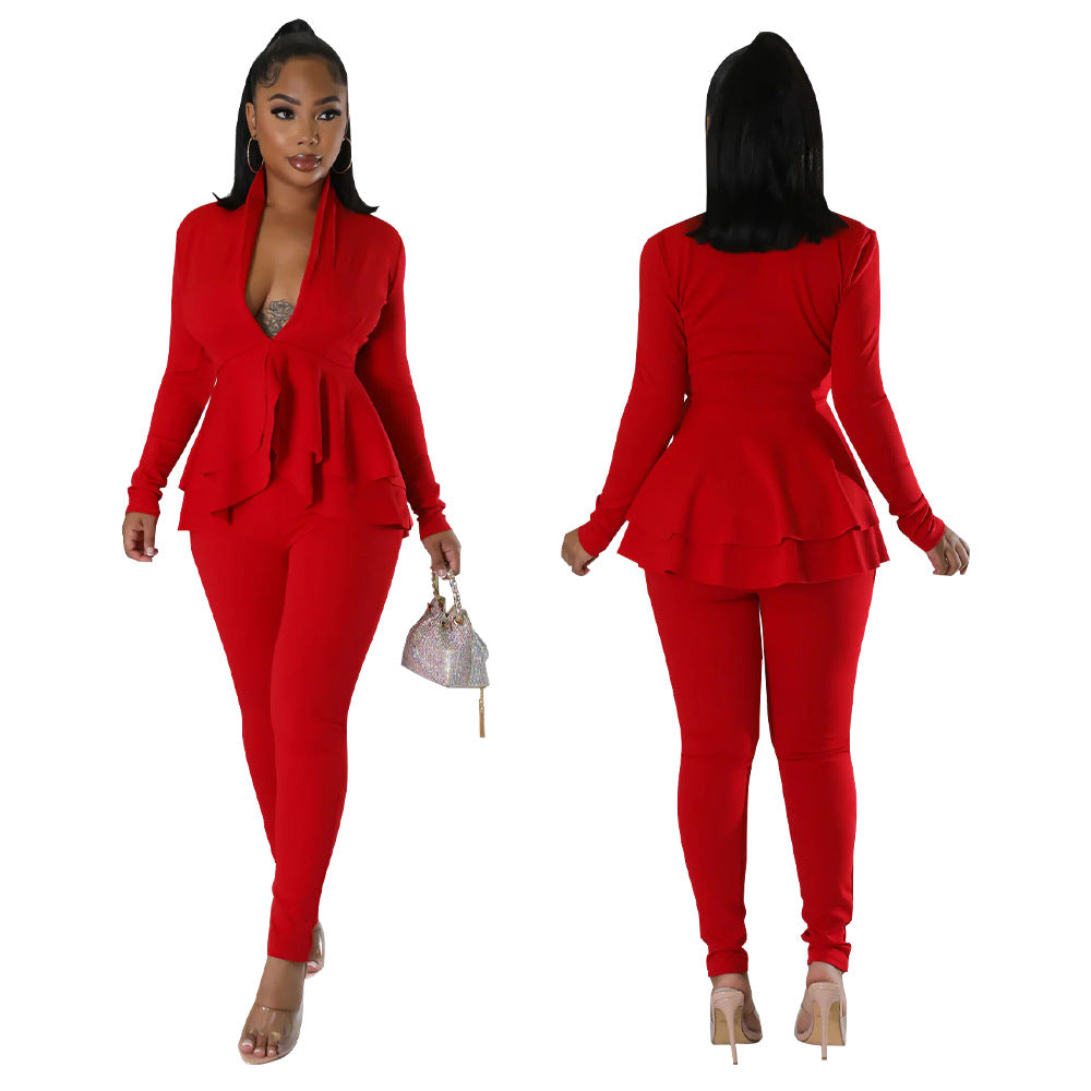 Dame elegant Jumpsuit med ruffles og dyb V-udskæring Stilla