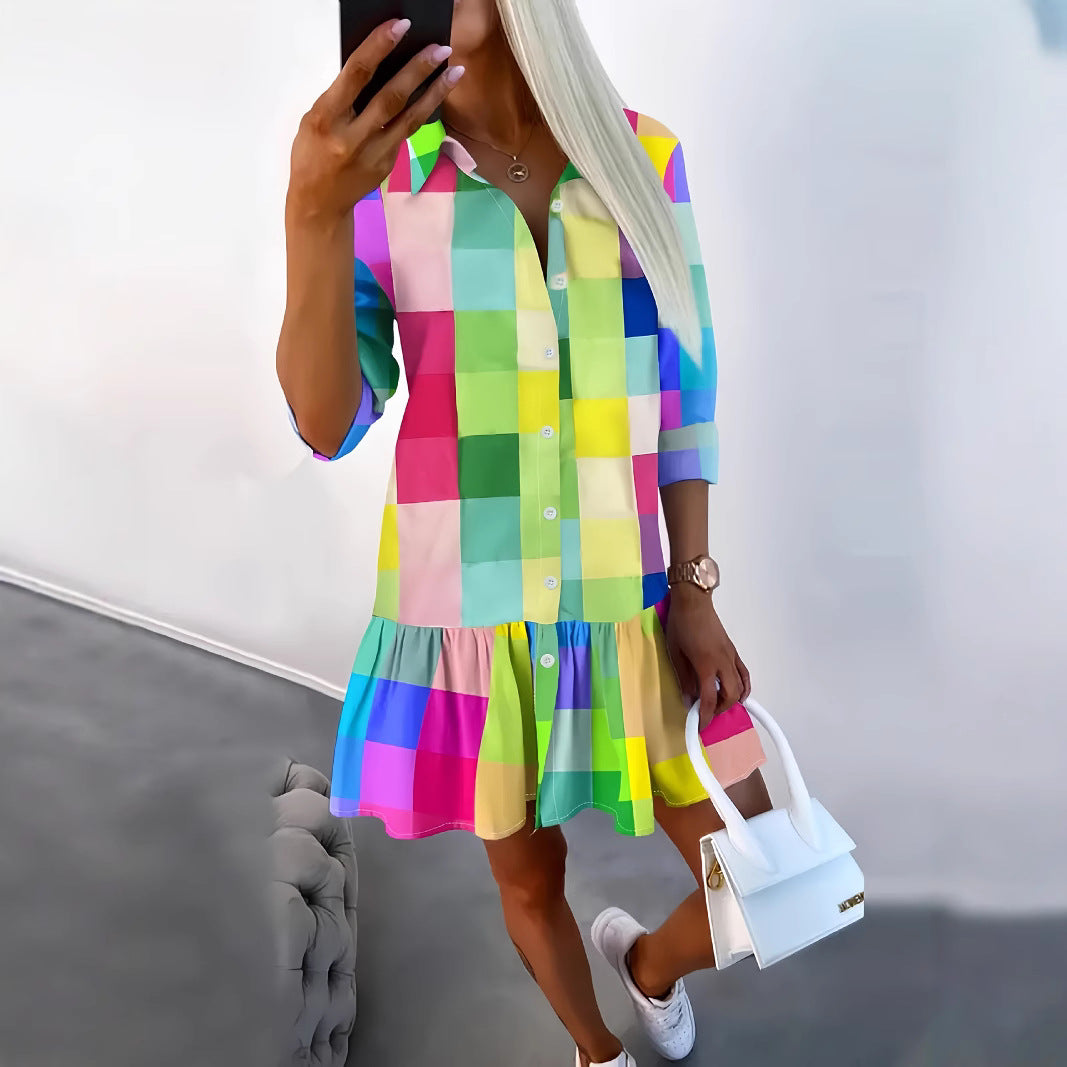 Dame afslappet skjortekjole med stribet ternet mønster Stilla