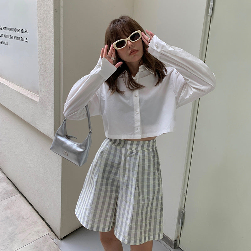 Dame cropped skjorte med lange ærmer og klassisk krave Stilla