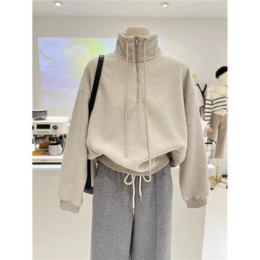 Dame Cropped Zip-Up Fleece Hoodie med justerbar snor Stilla