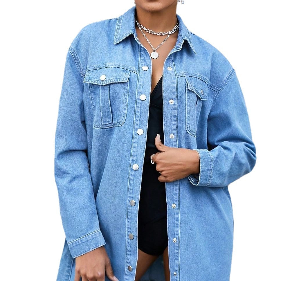 Dame Denim Skjortekjole med praktiske lommer og taljerbar bælte Stilla