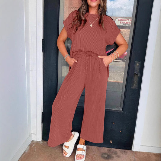 Dame afslappet strik-jumpsuit med brede ben og elastisk talje Stilla