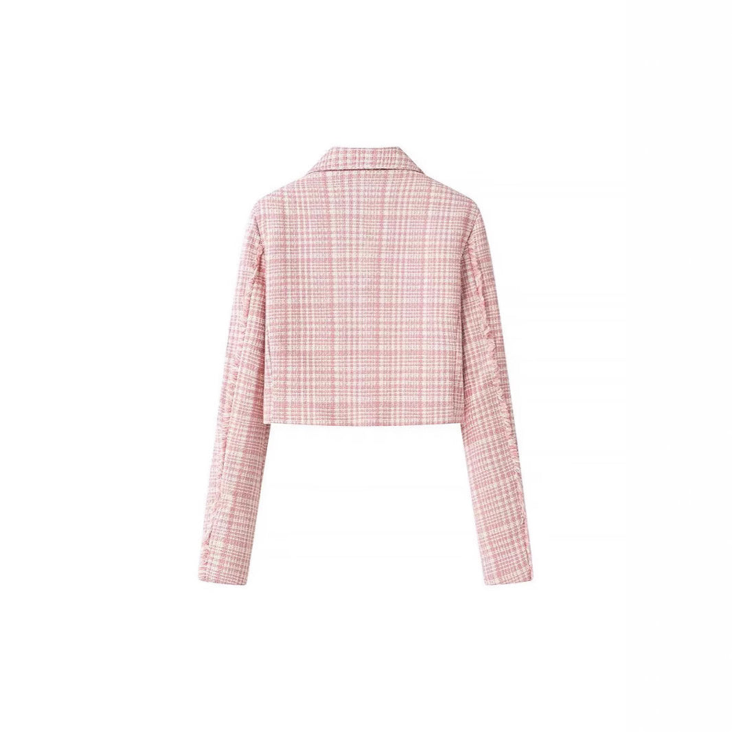 Dame cropped blazerjakke med ternet mønster Stilla