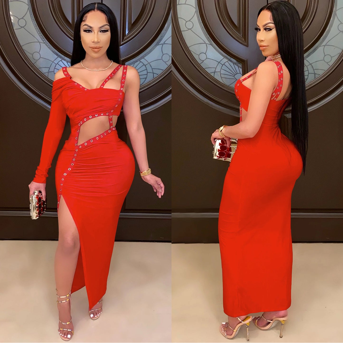 Dame Elegant Cut-Out Maxikjole med asymmetrisk design og funktionelle knapdetaljer Stilla