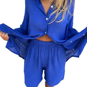 Dame afslappet bluse-shorts-sæt med oversized snit og luftig tekstur Stilla