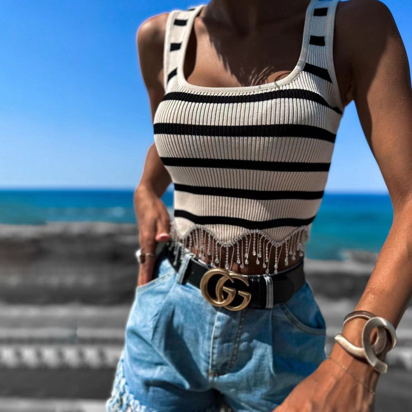 Dame Crop-Top med stribemønster og dekorative frynser Stilla