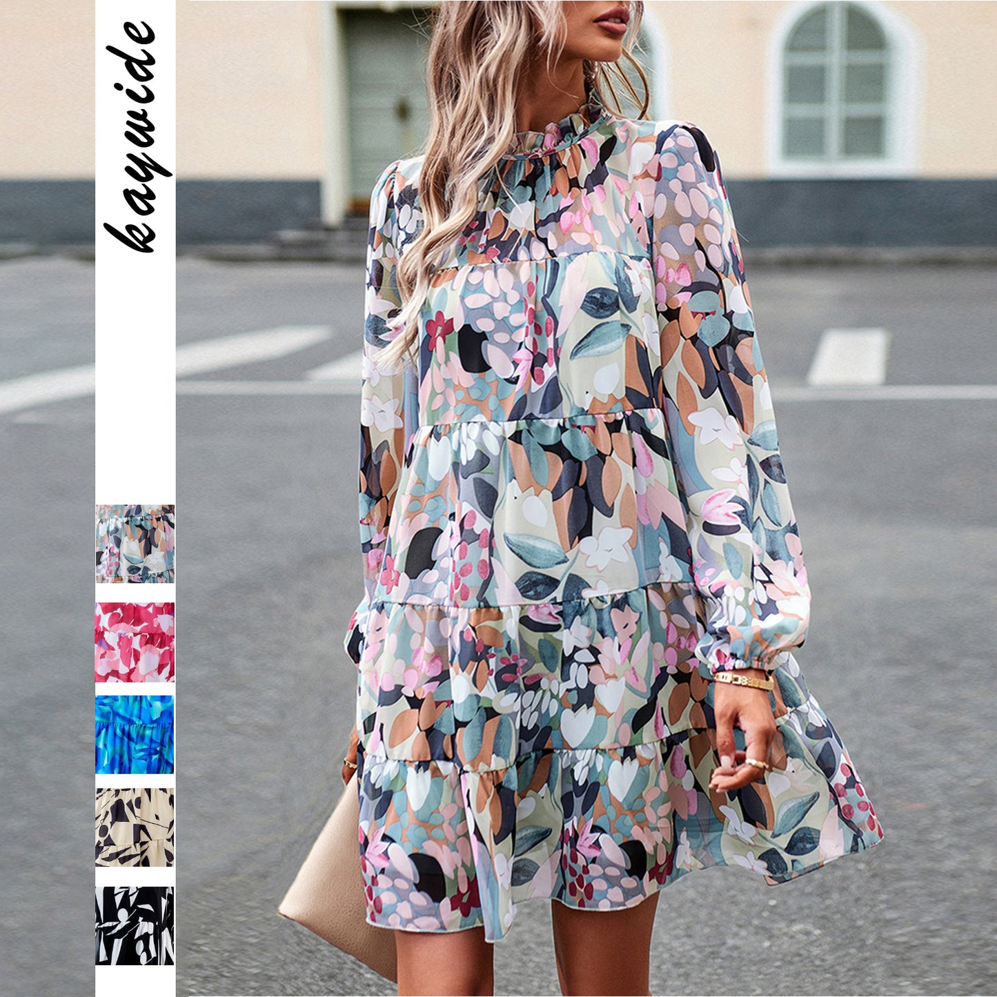 Dame afslappet midikjole med grafisk mønster og flæsedetaljer Stilla