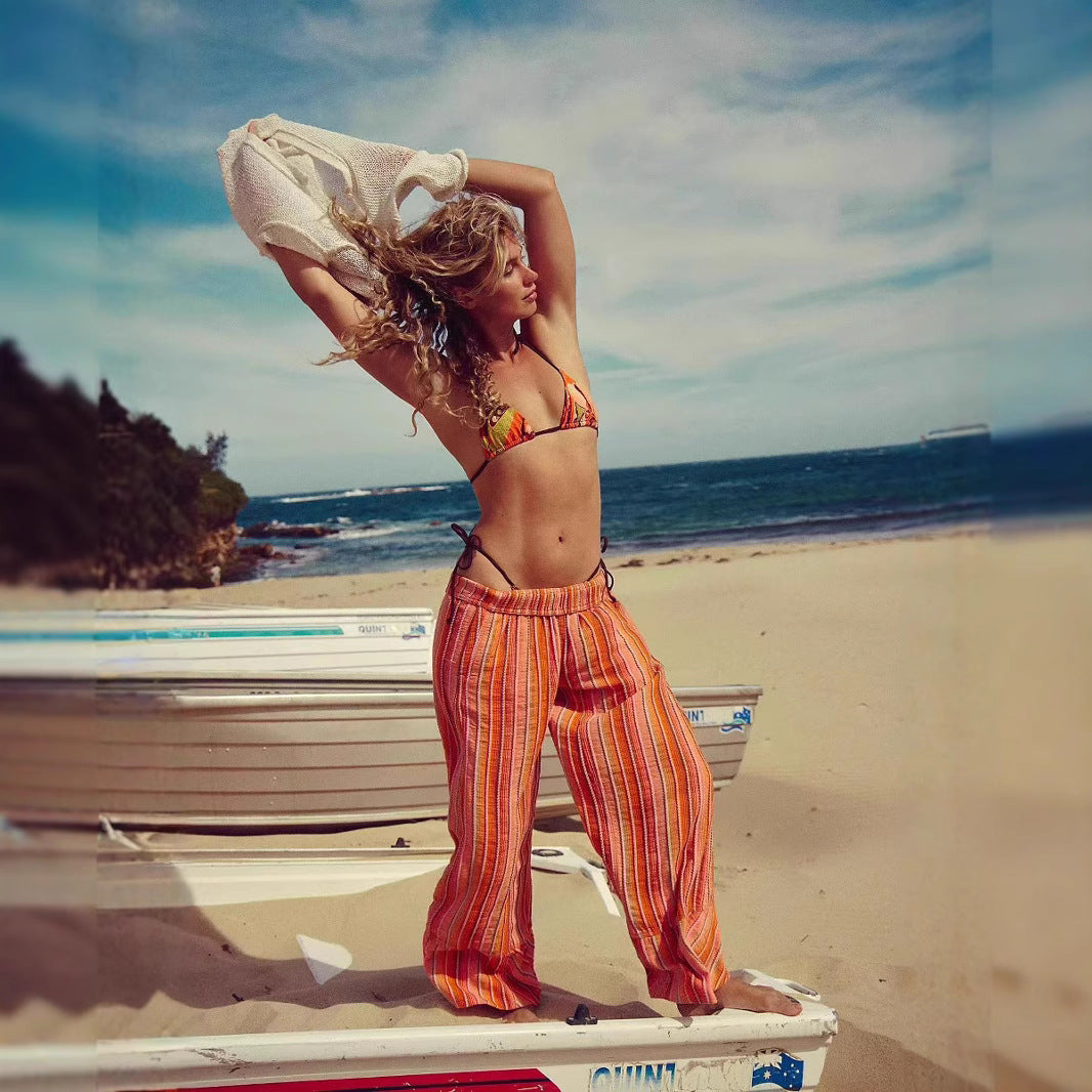 Dame afslappede strandbukser med stilfuldt stribemønster og elastisk talje Stilla