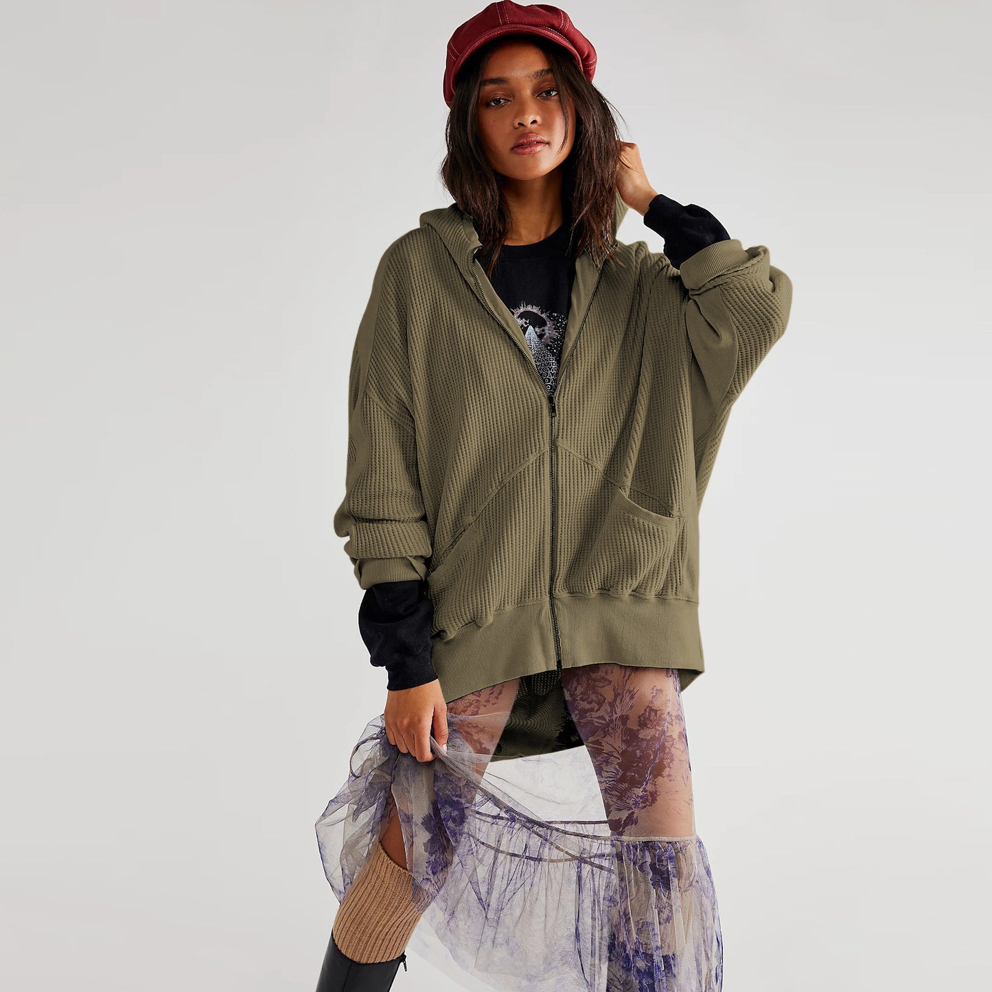 Dame afslappet oversized hoodie i karakteristisk vaffelmateriale Stilla