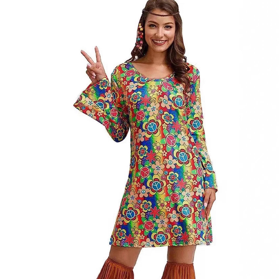Dame afslappet Boho-kjole med bellende ærmer og farverigt blomsterprint Stiila
