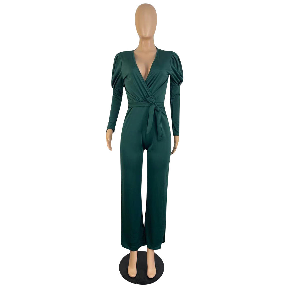 Stilla | Elegant Langærmet V-hals Bælte Jumpsuit