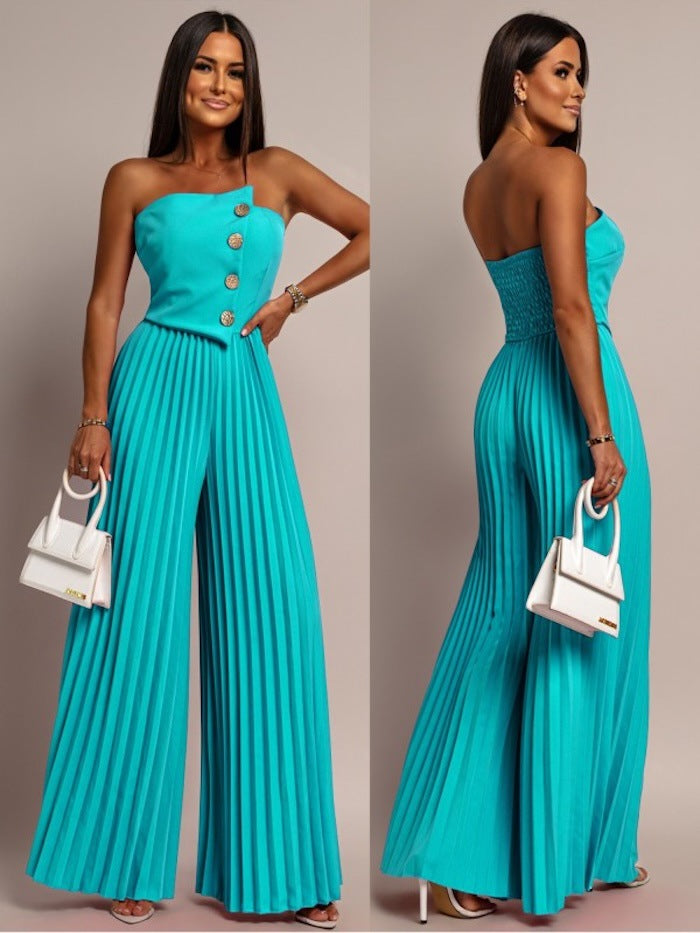 Dame Elegant Jumpsuit med Folder og Knapdetaljer Stilla