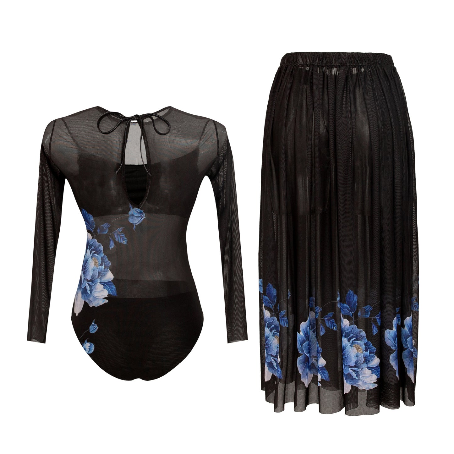 Dame Elegant Badedragt med lang arm og floral nederdel Stilla