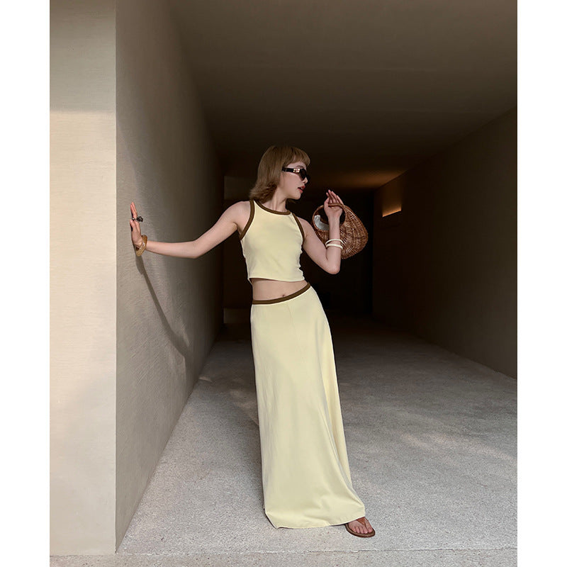 Dame Crop-Top og Maxiskørt-sæt med kontrastdetaljer og flydende snit Stilla