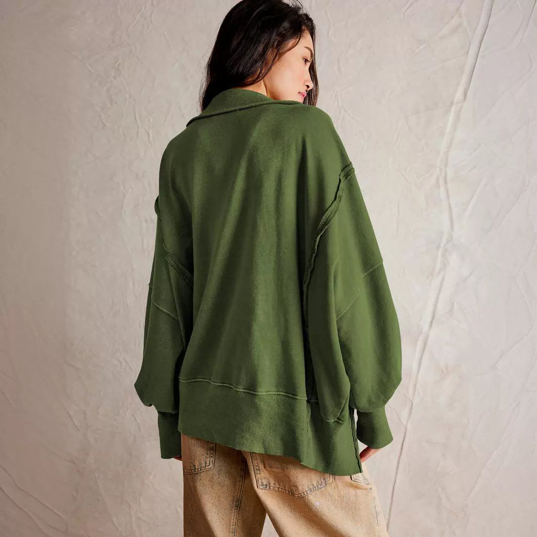 Dame afslappet oversized pullover med knaplukning og ufuldendte sømme Stilla