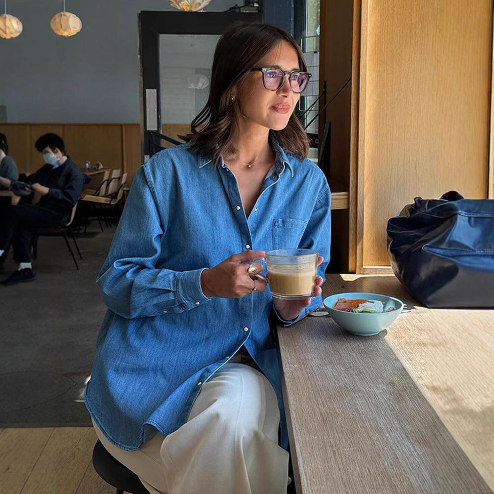 Dame afslappet Denim-skjorte med praktiske lommer Stilla