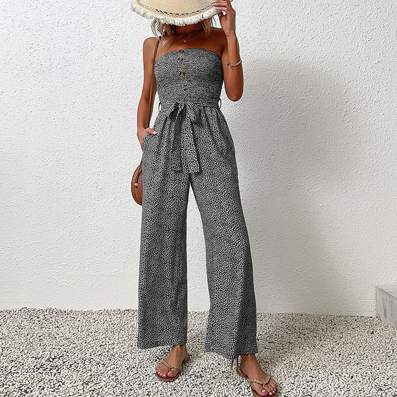 Dame Strapless Bredbenet Jumpsuit med Knapdetaljer Stilla