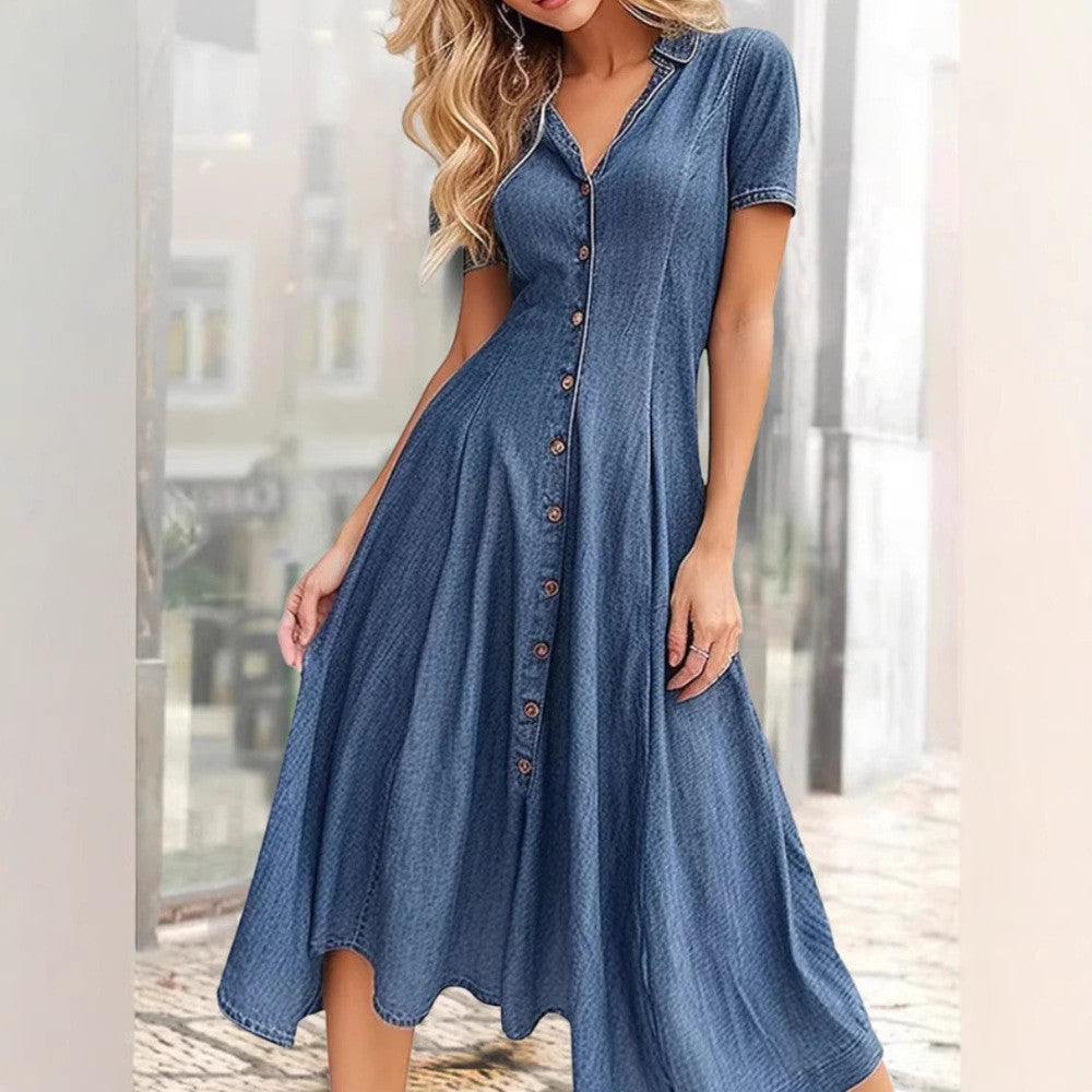 Dame Denim Knap-Up Midi Kjole Stilla