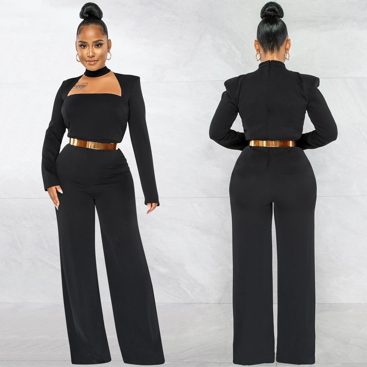 Dame elegant jumpsuit med smart firkantet udskæring og tætsiddende bælte Stilla