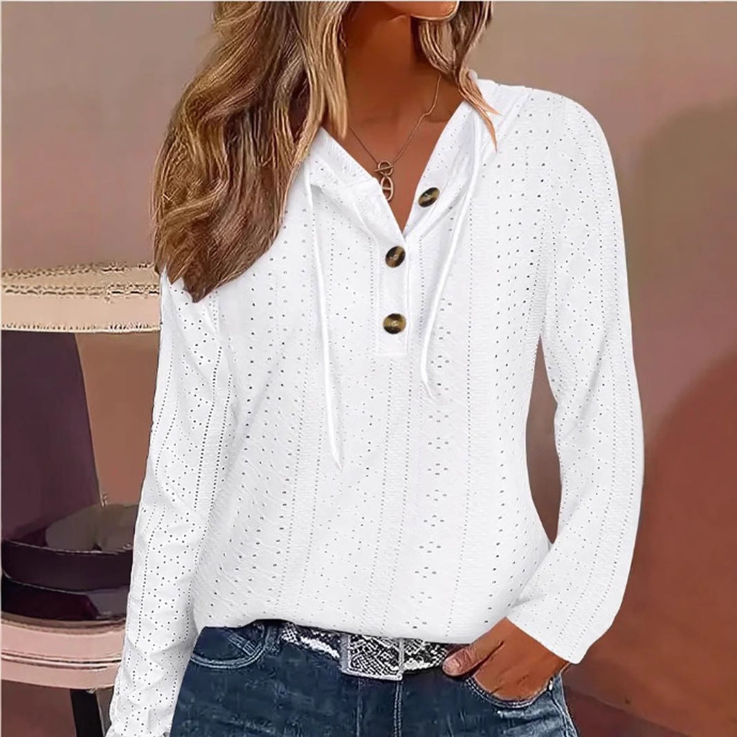 Dame afslappet longsleeve top med dekorative knapper og høj krave Stilla