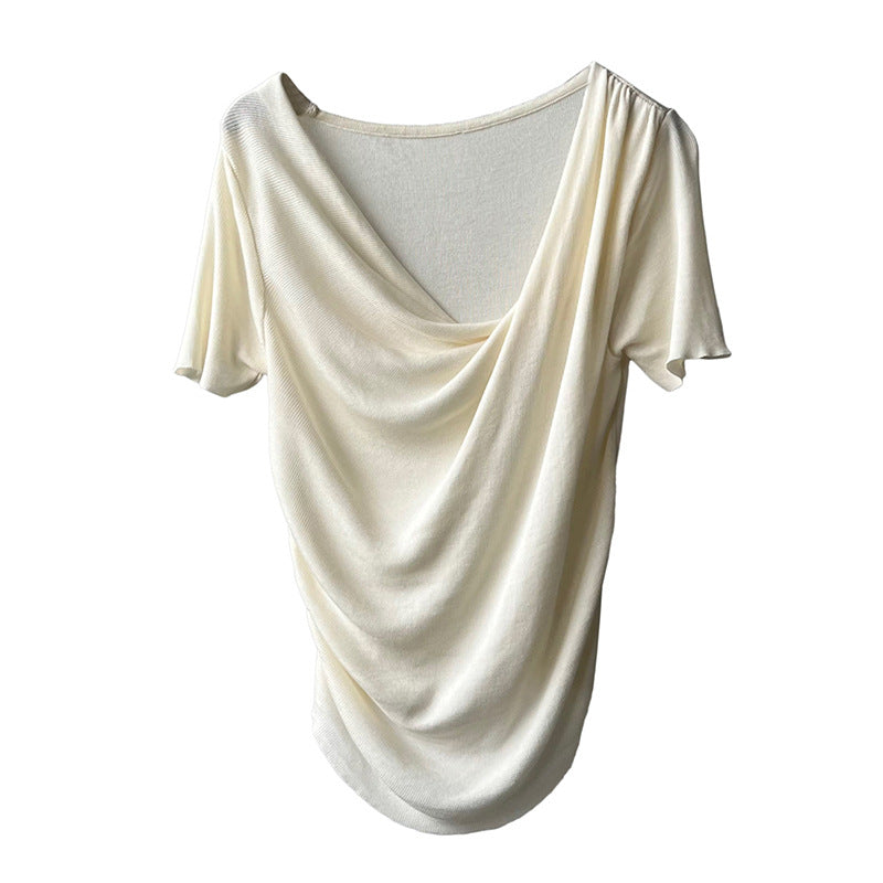 Dame elegant draperet T-shirt med dyb V-udskæring og korte ærmer Stilla