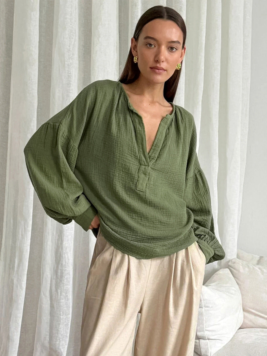 Dame afslappet langærmet bluse med halv-høj krave lavet af let bomuldsstof Stilla